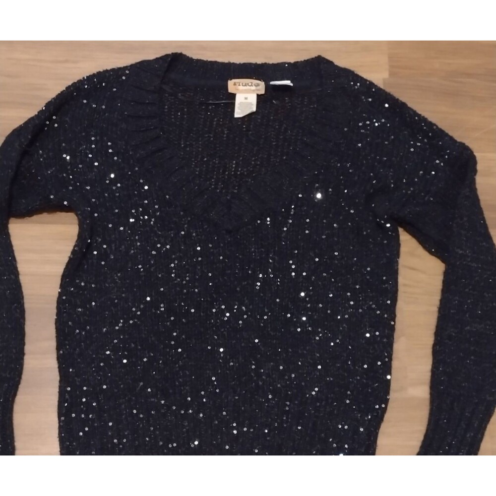 Mudd Women's Sweater Dark Academia Sweater Medium Sequin Black Sparkle